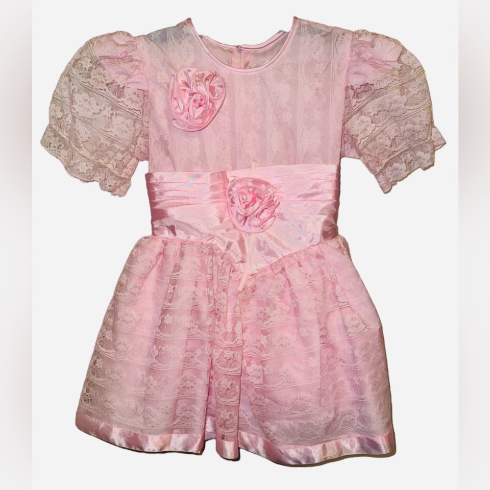 Vintage Girls Size 5 Fashionland 80s Pink Lace Tulle Dress Pageant